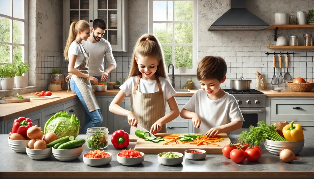 A realistic rectangular kitchen scene showcasing children actively involved in meal preparation, with a young girl and boy chopping colorful vegetables while a parent assists them in a bright, modern kitchen.