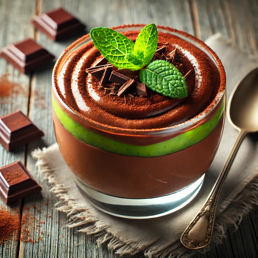 Delicious Sugar-Free Chocolate Avocado Pudding: Rich Coconut Chia Pudding and Creamy Avocado Banana Chocolate Mousse 1 Adessert in a glass with a spoon