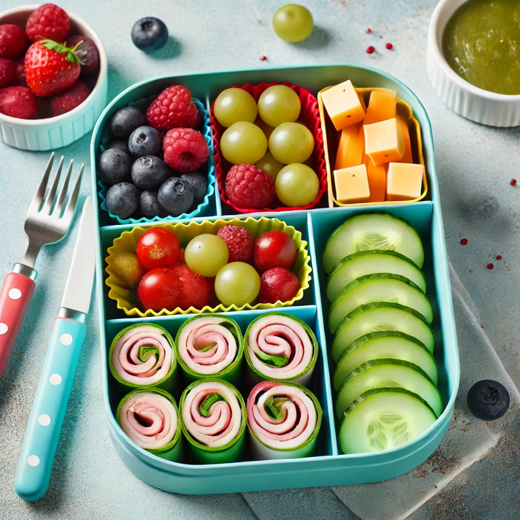 10 Delicious Low-Carb Snacks for Diabetic Kids: Avoid These Common Mistakes. 1 DALL·E 2024 10 10 01.34.04 A colorful bento box filled with a low carb diabetic friendly school lunch for kids. The box includes sliced turkey roll ups cucumber sticks cheese