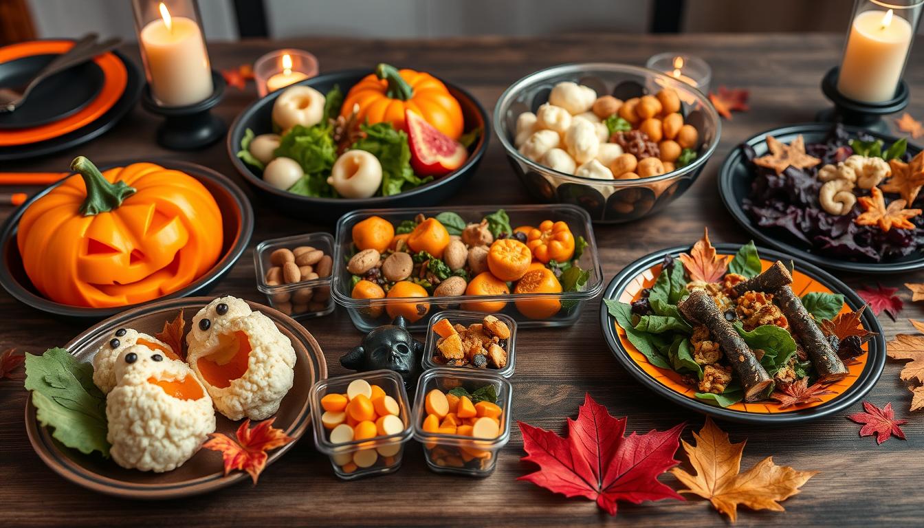 A festive display of Halloween-themed meal prep designed for diabetics, featuring low-sugar treats, nutritious snacks, and creative, healthy options perfect for maintaining balanced blood sugar levels during the holiday season.