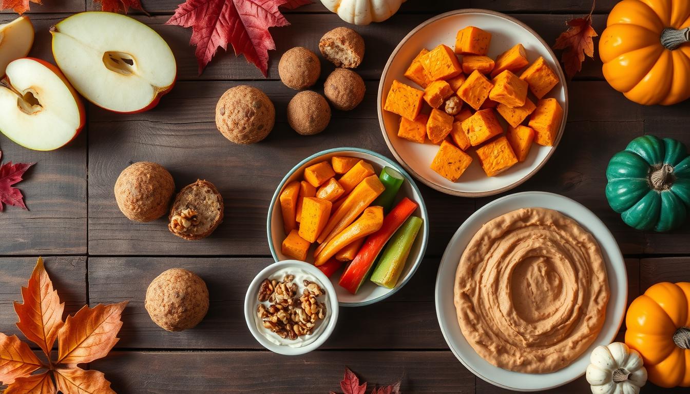 A selection of quick and easy fall snacks for diabetics, featuring low-sugar options like apple slices with almond butter, pumpkin seeds, and mixed nuts. Set on a rustic wooden table with autumn leaves and warm tones, perfect for a cozy fall snack.