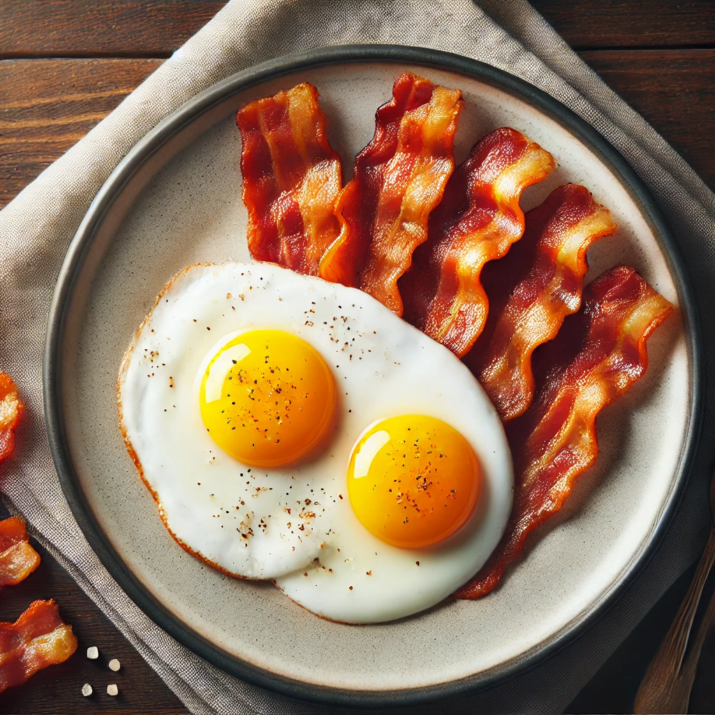 Low-Carb Breakfast Recipes for Diabetic Kids: a plate with crispy bacon strips and sunny-side-up eggs. 