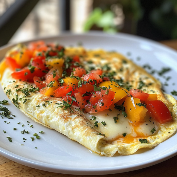 Easy Low-Carb Breakfast: Omelette with Cheese, Tomatoes, and Bell Peppers