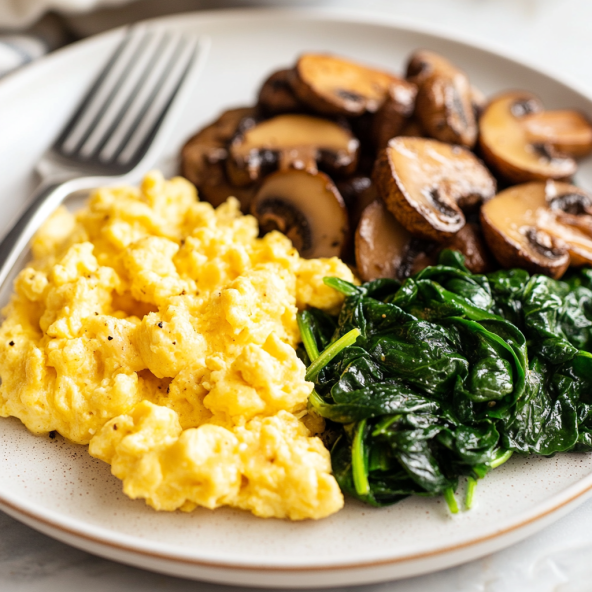 Easy Low-Carb Breakfast: Scrambled Eggs with Sautéed Spinach and Mushrooms