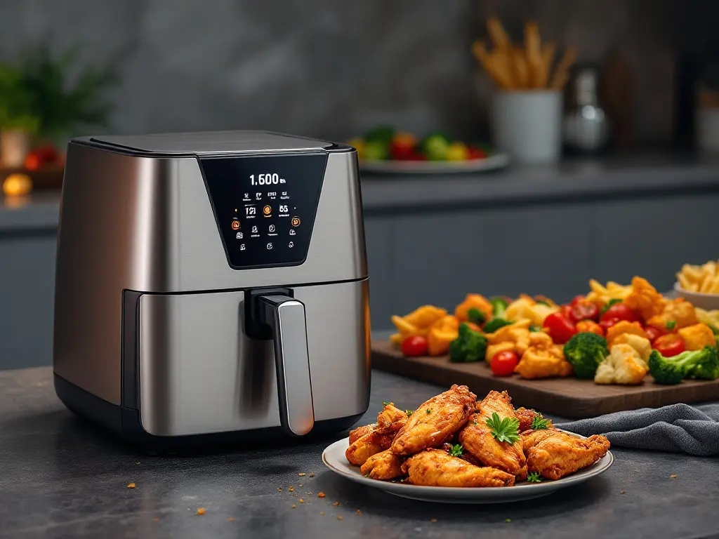 A variety of crispy, golden-brown foods, including chicken wings, fries, and vegetables, freshly cooked in an air fryer and arranged on a wooden board.