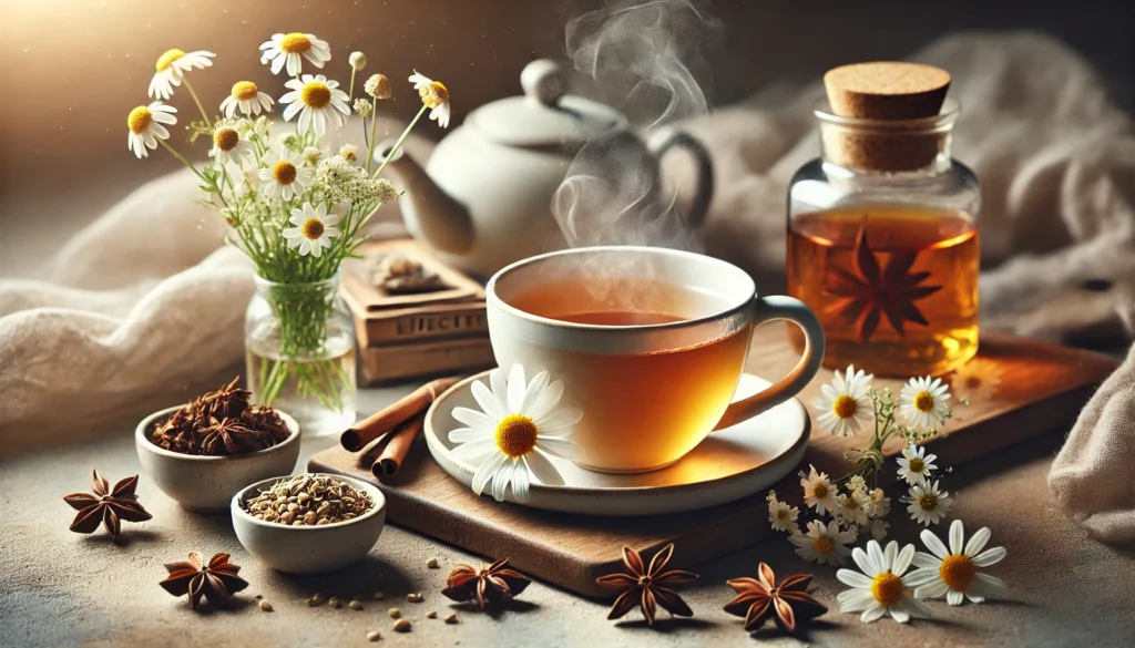 A calming cup of Chamomile and Anise Tea with steam rising, accompanied by chamomile flowers and anise seeds on the side, creating a cozy atmosphere.