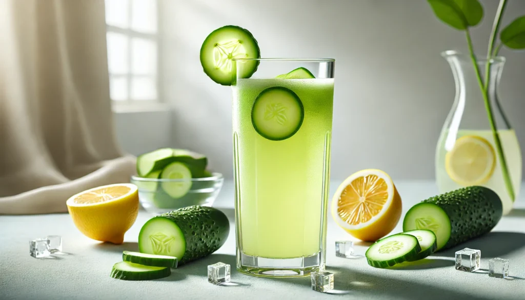 A refreshing glass of Cucumber and Lemon Juice, garnished with a cucumber slice and a lemon wedge, set against a bright background with fresh cucumbers and lemons beside it.