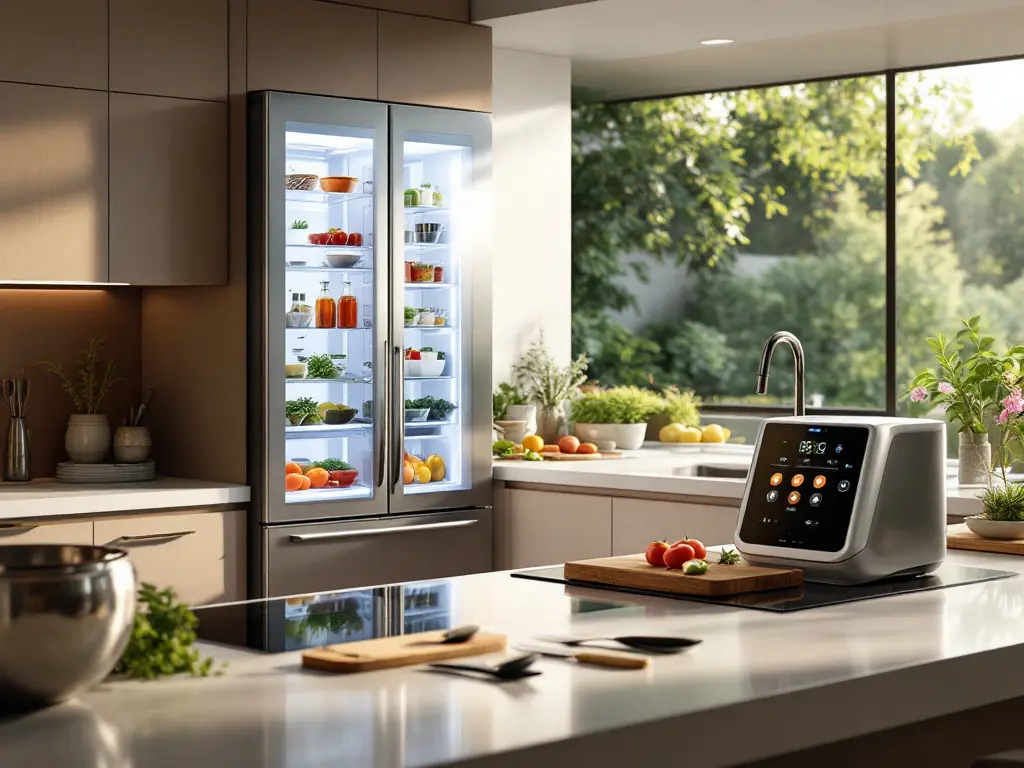 Smart Appliance Recipes: Revolutionizing Your Kitchen Experiencea French door refrigerator and a stove with a touchscreen display, surrounded by clean countertops and decorative plants.