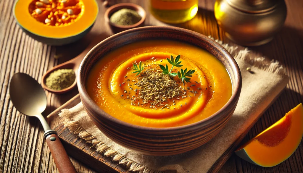 A vibrant Pumpkin and Cumin Soup served in a rustic bowl, garnished with a sprinkle of cumin and a drizzle of olive oil, placed on a wooden table with a cozy background.