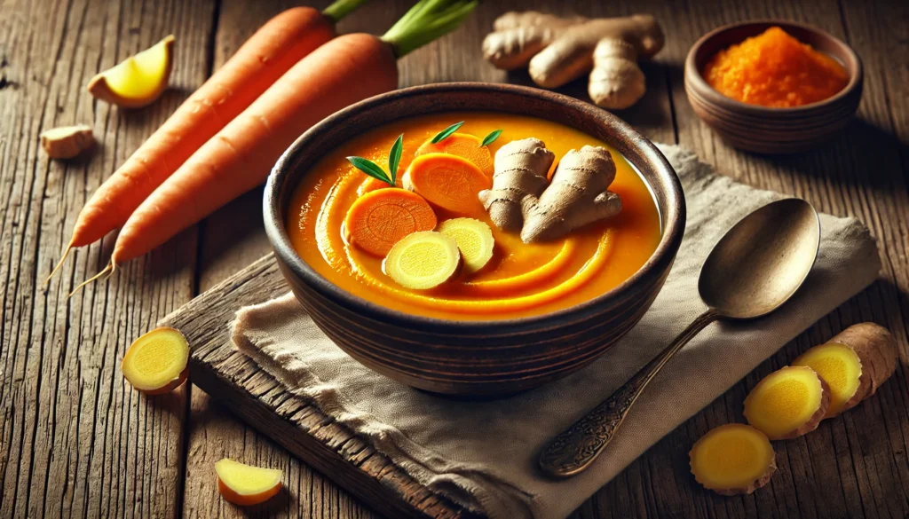 A bowl of vibrant Ginger and Carrot Soup garnished with fresh ginger slices and carrot pieces, served in a rustic bowl with a spoon on the side, showcasing the healthy and comforting nature of the dish.