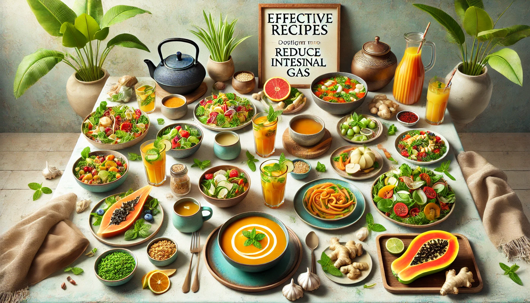 A beautifully arranged table featuring various dishes from the "Effective Recipes" collection designed to reduce intestinal gas, including Ginger and Carrot Soup, Fennel Tea, Papaya and Mint Salad, and Pineapple and Ginger Smoothie.