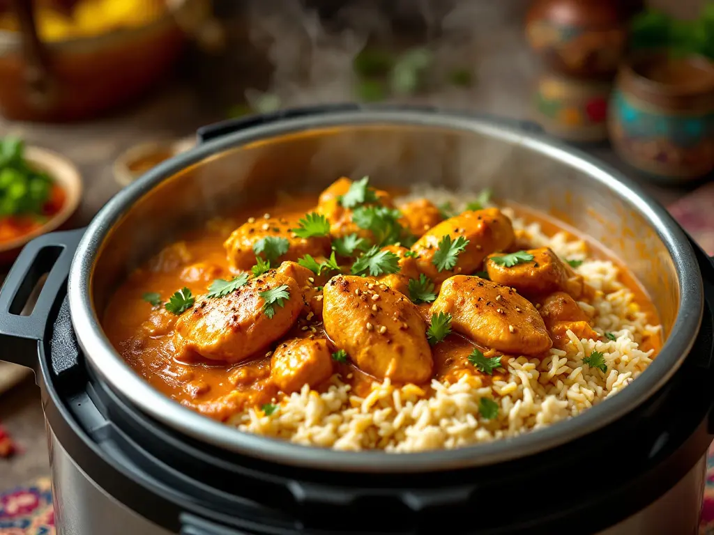 A rich and creamy Instant Pot Chicken Tikka Masala served in a bowl, garnished with fresh cilantro and accompanied by a side of fluffy basmati rice.