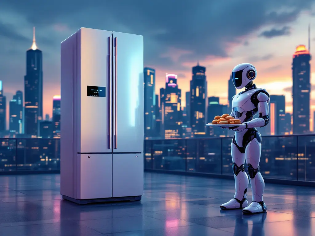 A futuristic robot holding a plate of food next to a smart refrigerator, showcasing the integration of technology in modern kitchens for Smart Appliance Recipes.