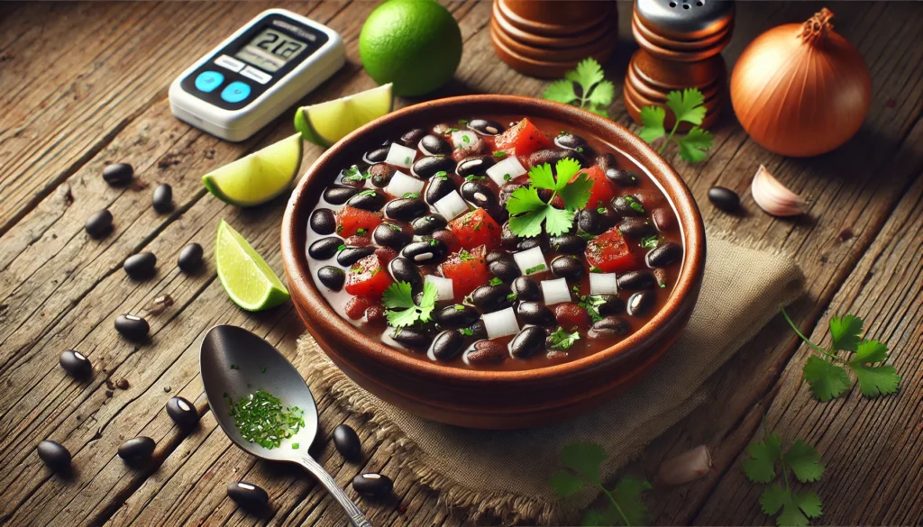  A bowl of black bean soup on a rustic wooden table, garnished with fresh cilantro, with lime wedges and herbs on the side.