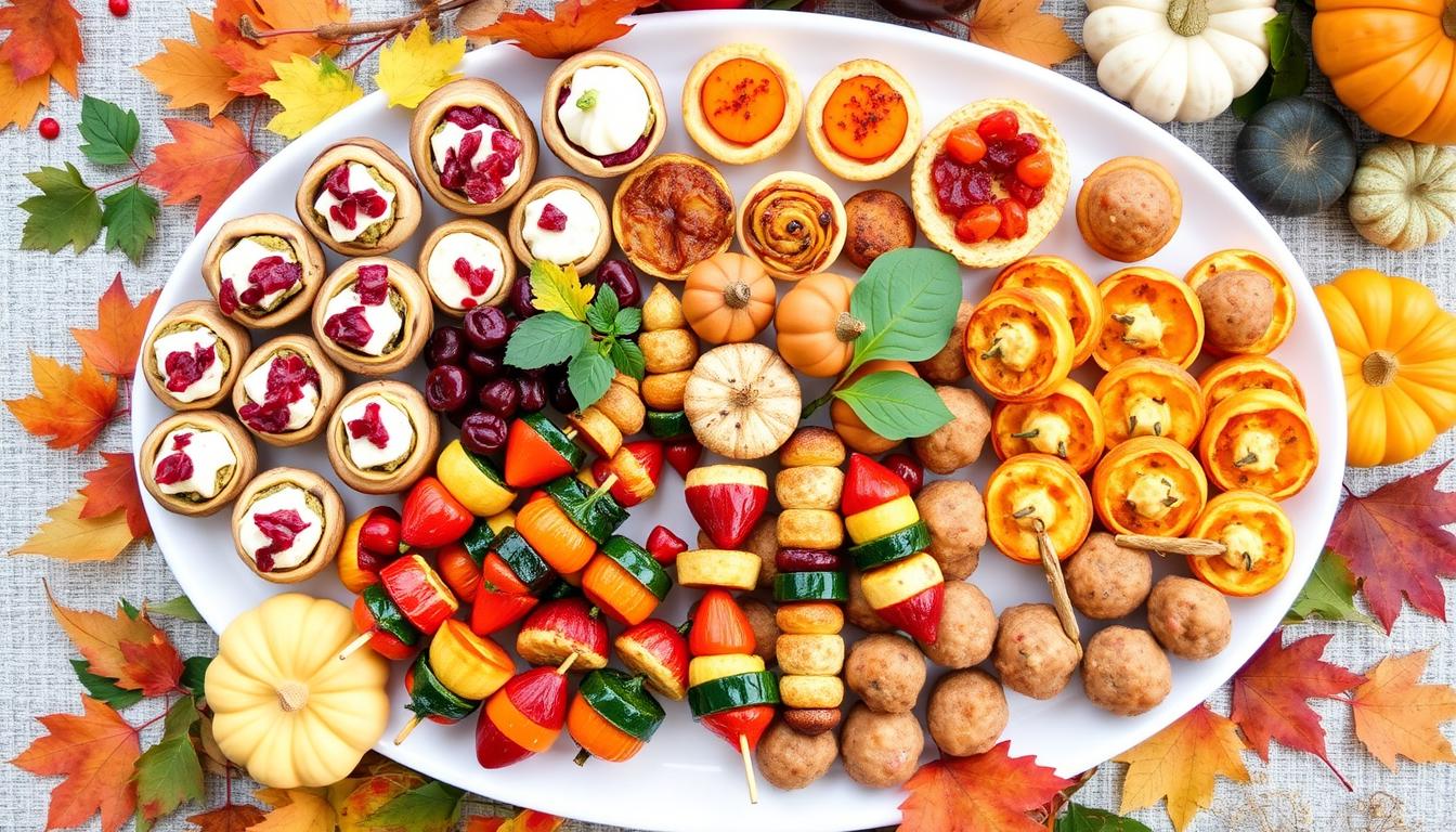 A beautifully arranged spread of various appetizers and starters for Thanksgiving, featuring vibrant vegetables, cheeses, and festive decorations.