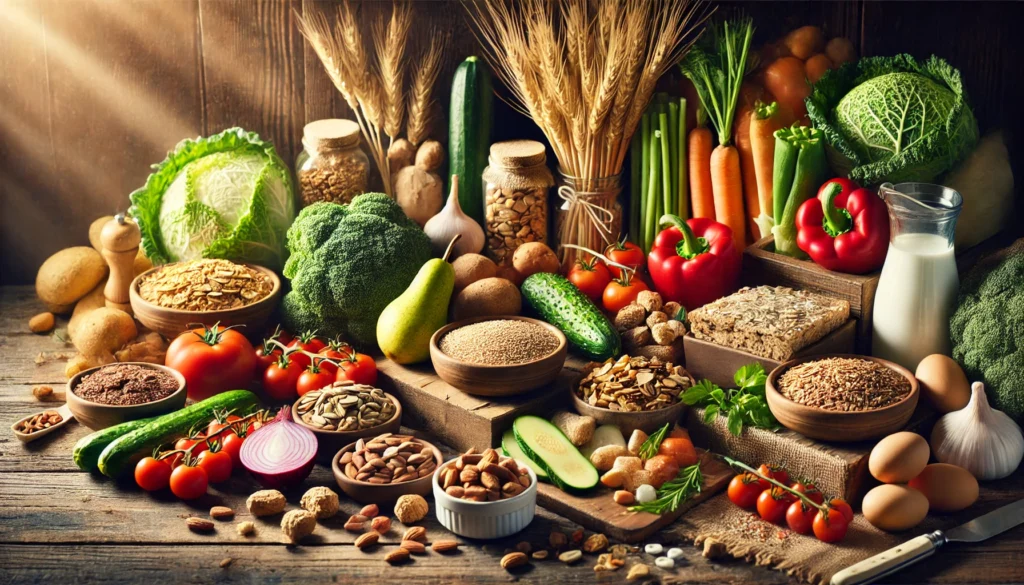  A realistic photo of a rustic wooden table set with diabetes-friendly foods, including fresh vegetables, whole grains, lean proteins, and nuts, representing a balanced, low-sugar diet with international recipes for diabetics