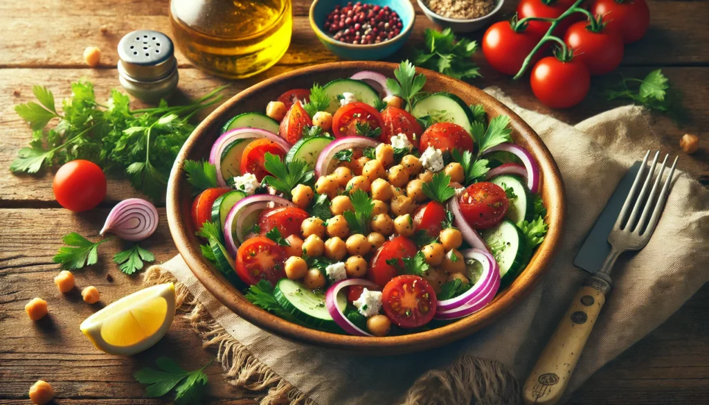  A realistic photo of an international-style chickpea salad on a rustic wooden table, featuring chickpeas, tomatoes, cucumbers, red onions, fresh herbs, and feta cheese with side ingredients like olive oil and lemon.