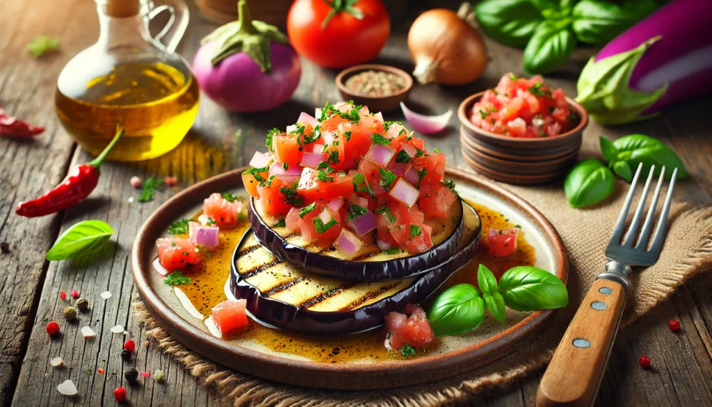 Grilled eggplant slices topped with fresh tomato salsa on a rustic plate, highlighting a diabetes-friendly, international recipe.