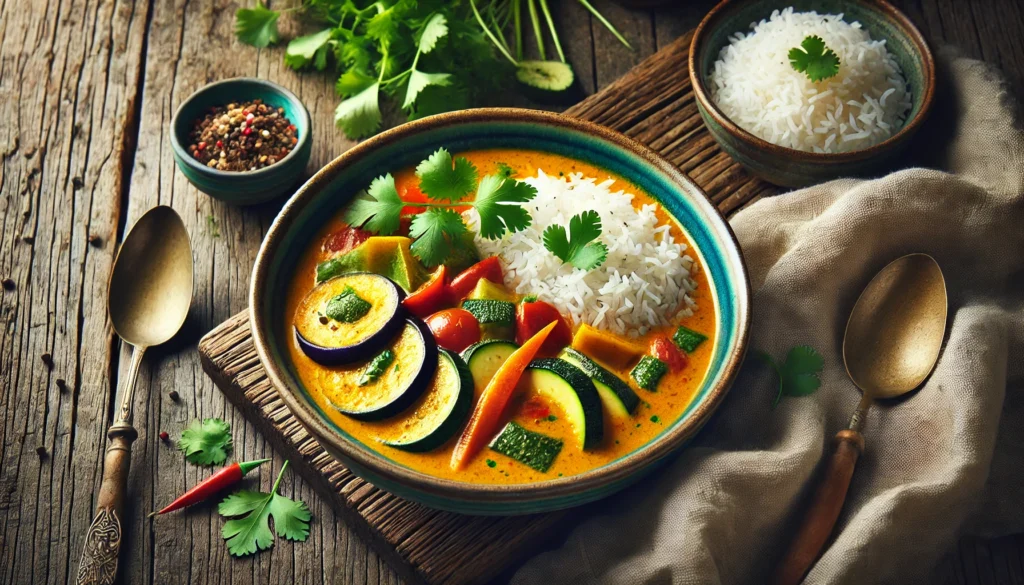 A bowl of Thai curry with vegetables, featuring a creamy coconut base with zucchini, eggplant, and bell peppers, garnished with fresh cilantro and served with jasmine rice on a rustic table.