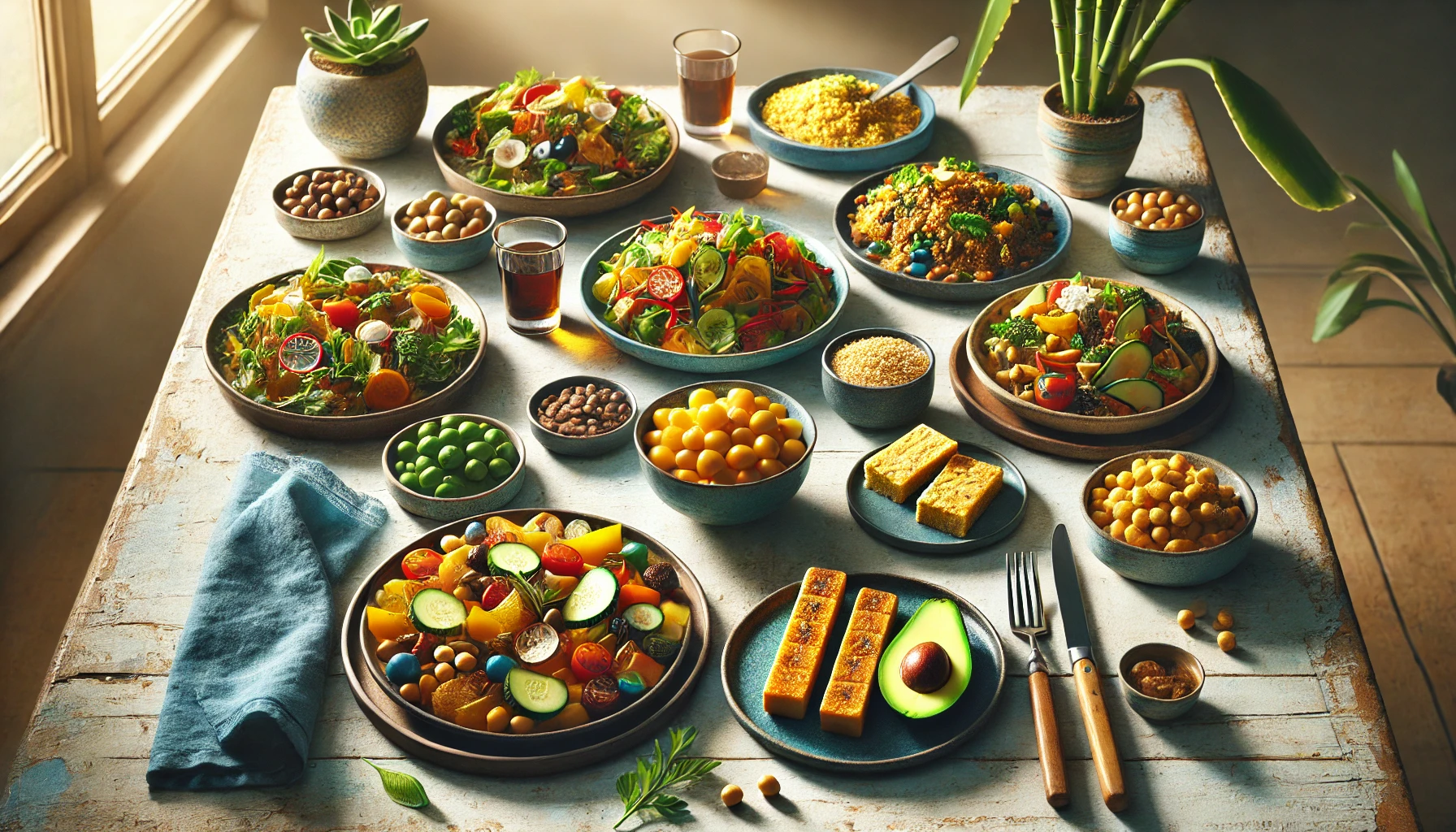 A realistic photo of a beautifully arranged table with diabetes-friendly dishes, including Mediterranean chickpea salad, Asian stir-fried vegetables with tofu, and Latin-inspired quinoa salad with avocado, highlighting balanced and colorful meals.