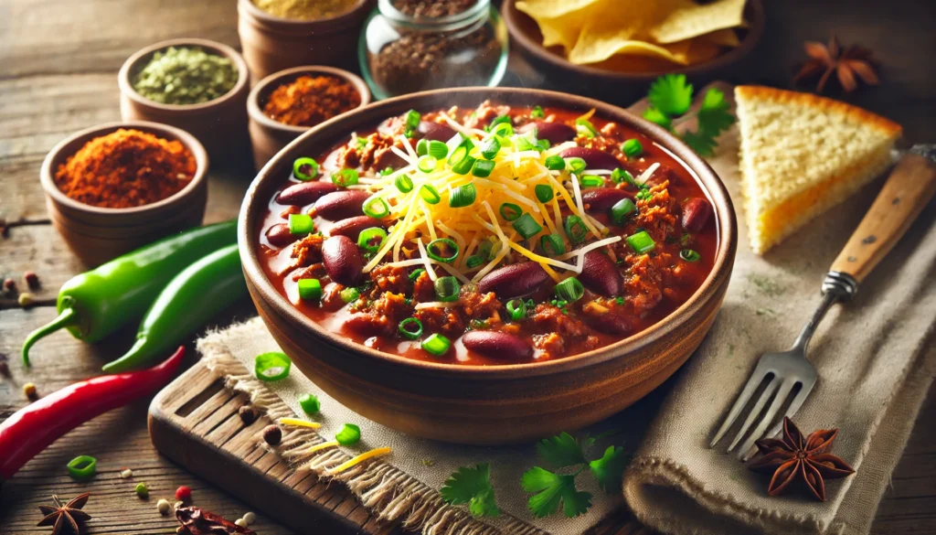  A warm and inviting bowl of hearty chili, filled with ground beef, kidney beans, and spices, topped with shredded cheese and green onions, showcasing effective family gathering recipes.