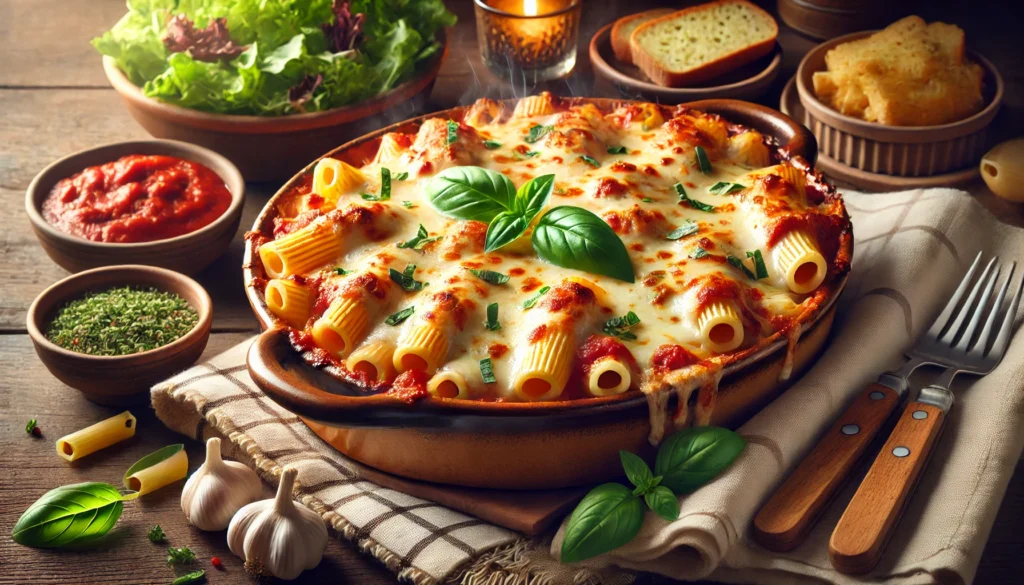 A warm and inviting baked ziti dish, featuring layers of pasta, marinara sauce, and melted mozzarella cheese, perfect for family gathering recipes.