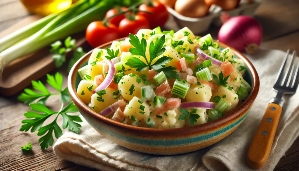 A vibrant bowl of classic potato salad with diced potatoes, mayonnaise, celery, and onions, ideal for family gathering recipes.