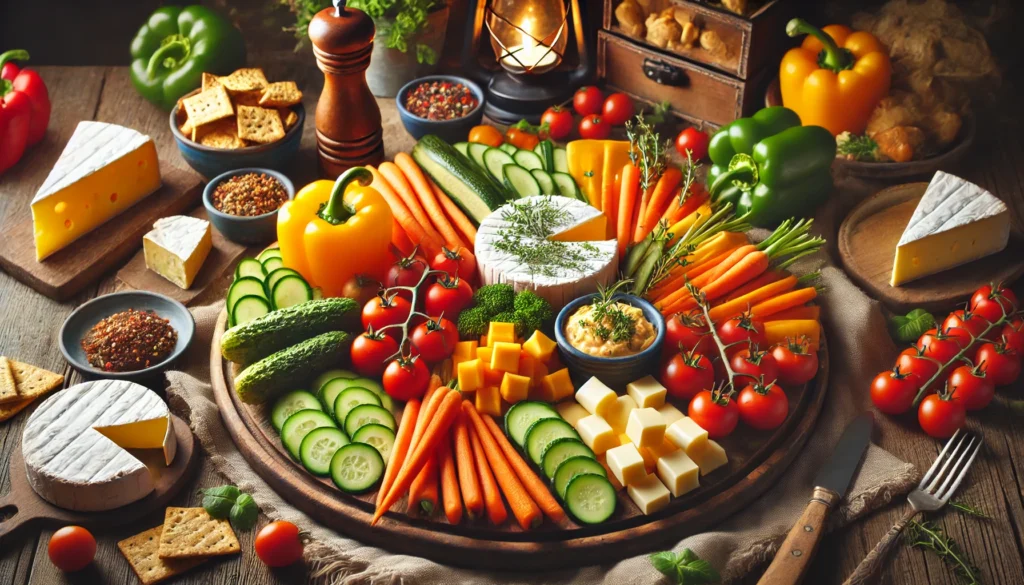 A vibrant veggie and cheese platter featuring colorful fresh vegetables and a variety of cheeses, perfect for family gathering recipes.