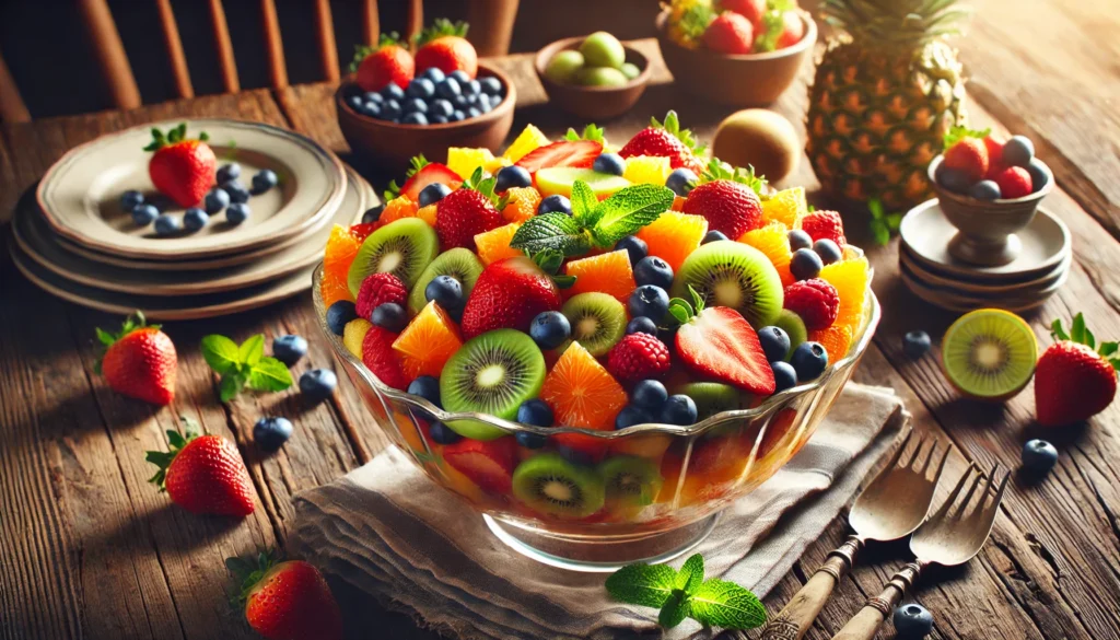 A colorful and refreshing fruit salad arranged in a glass bowl, perfect for family gathering recipes.