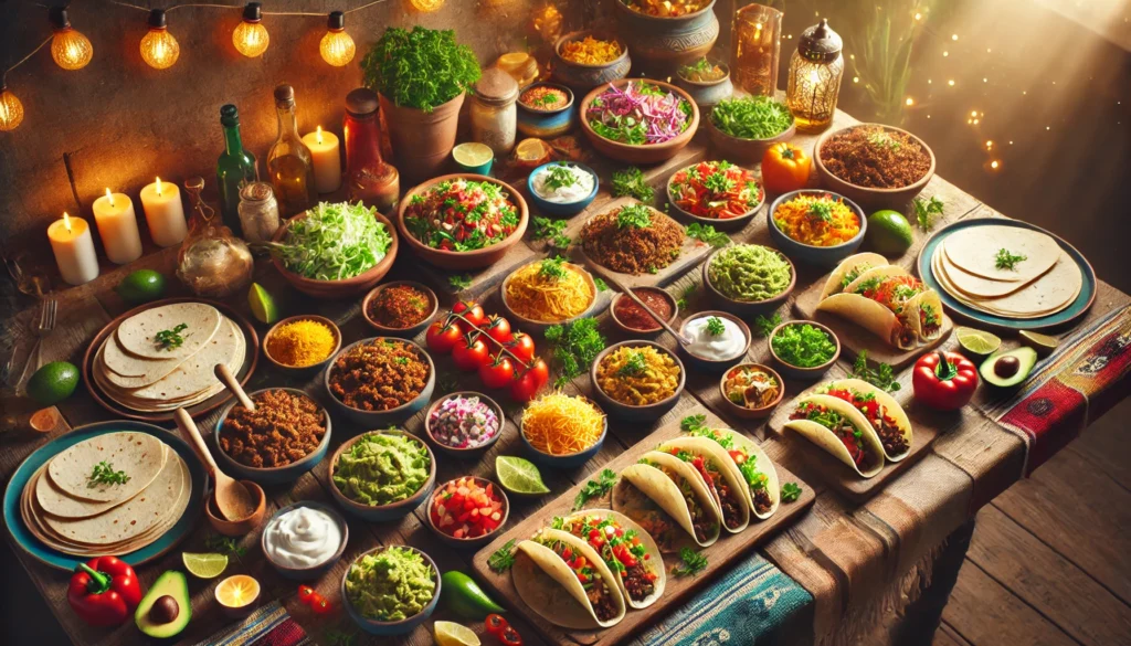 A colorful taco bar setup with various ingredients for creating delicious tacos, perfect for family gathering recipes.