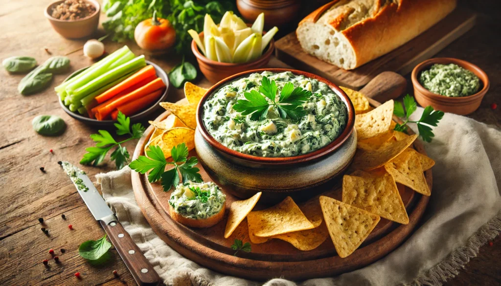 A warm and creamy spinach and artichoke dip served in a rustic bowl, perfect for family gathering recipes.