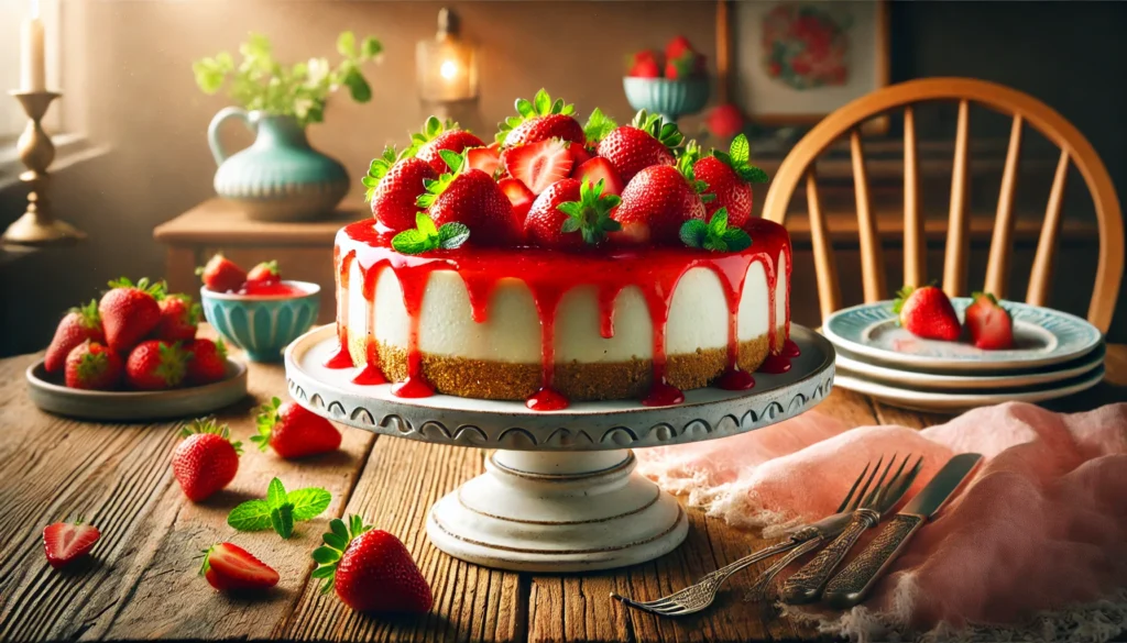 A delicious no-bake cheesecake topped with fresh strawberries and strawberry sauce, perfect for family gathering recipes.