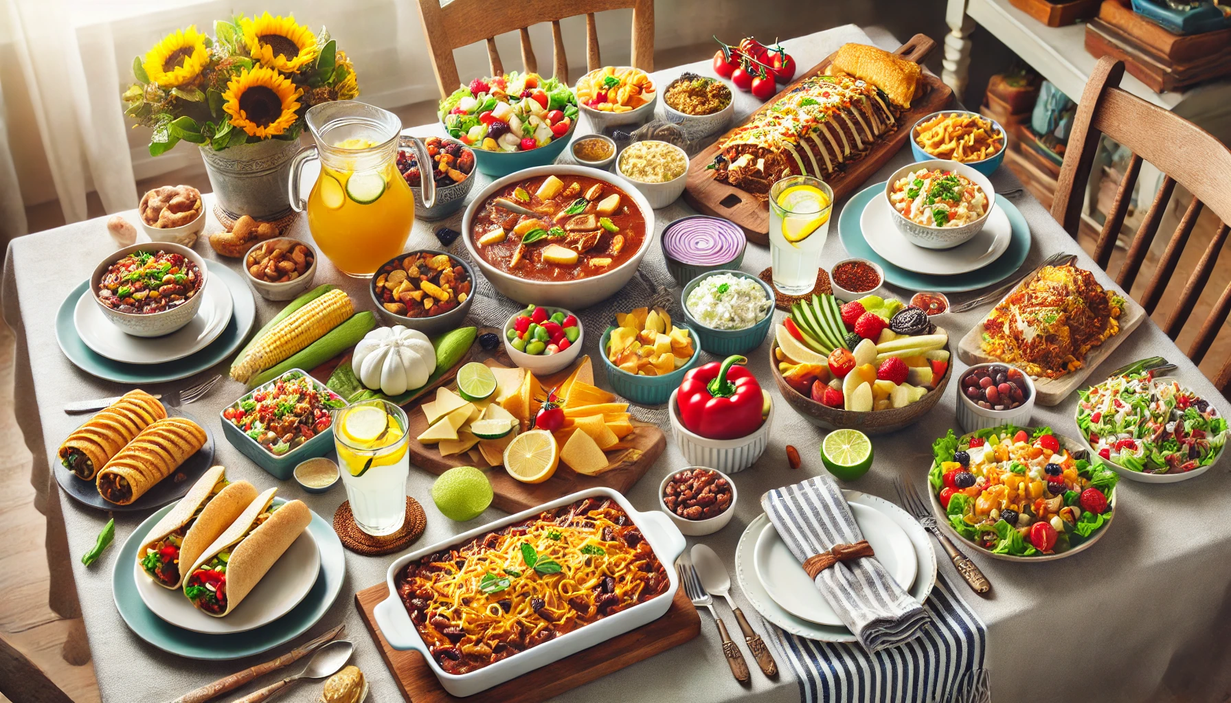 10 Family Gathering Recipes That Everyone Will Love 1 A beautifully arranged table set for a family gathering, featuring a variety of delicious dishes representing popular family gathering recipes, including hearty chili, baked ziti, potato salad, a vibrant veggie and cheese platter, a colorful fruit salad, a taco bar, and refreshing lemonade.