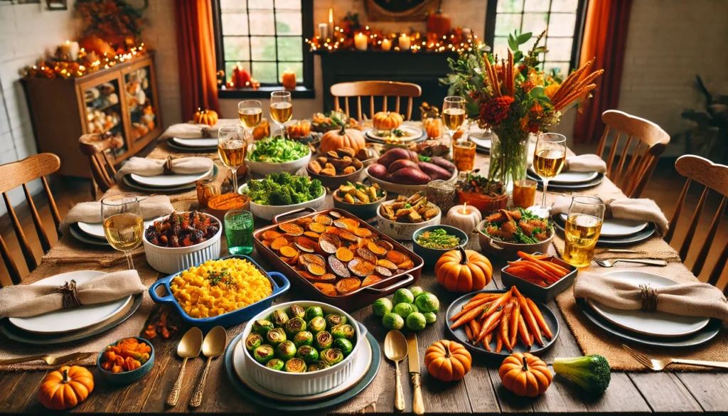 Text: Delicious Thanksgiving Recipes showcasing a festive table with caramelized brussels sprouts, roasted sweet potatoes, maple-glazed carrots, and vegan mac & cheese. A blend of traditional and plant-based Thanksgiving dishes, celebrating inclusivity and diversity.