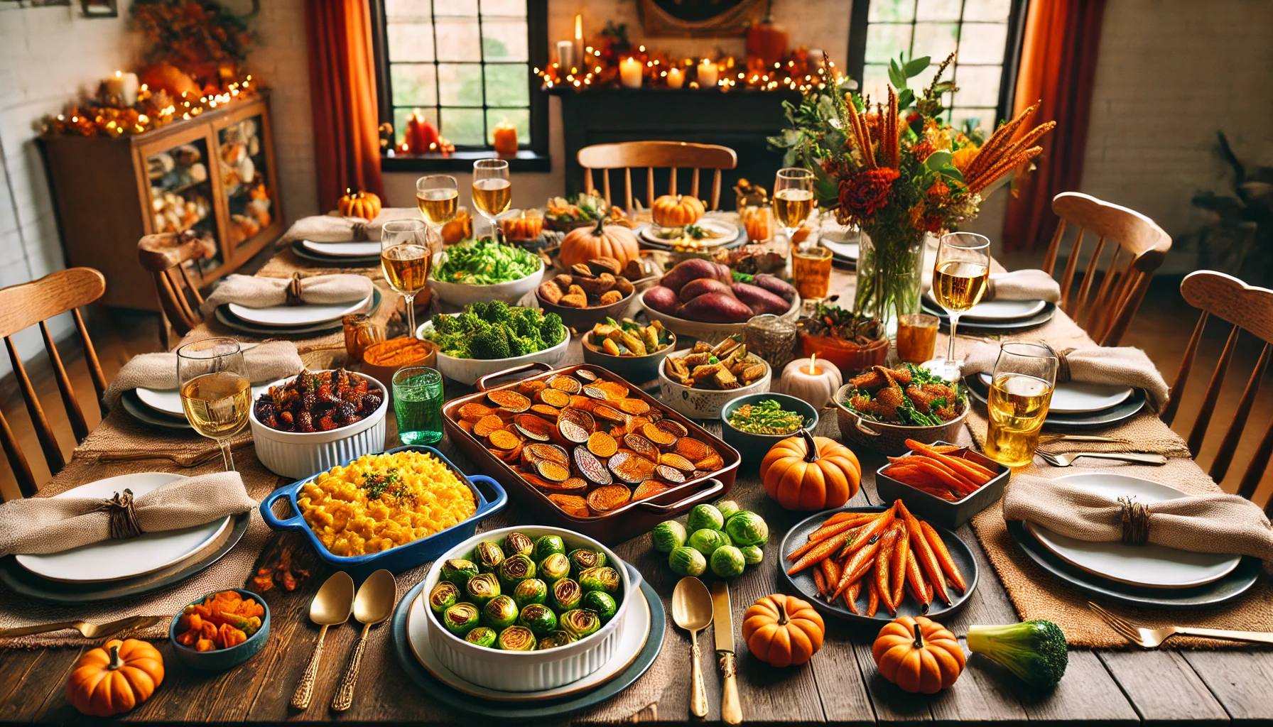10 Delicious Thanksgiving Recipes for All Dietary Needs 1 Text: Delicious Thanksgiving Recipes showcasing a festive table with caramelized brussels sprouts, roasted sweet potatoes, maple-glazed carrots, and vegan mac & cheese. A blend of traditional and plant-based Thanksgiving dishes, celebrating inclusivity and diversity.