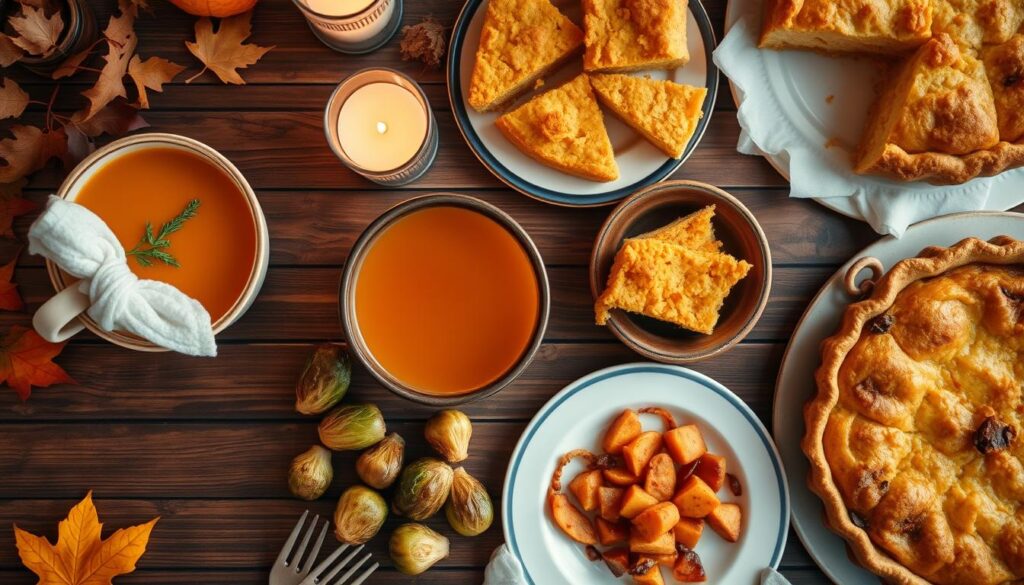 A warm and inviting scene showcasing a variety of cozy fall and winter comfort foods, including hearty stews, fresh bread, and vibrant sides, perfect for chilly evenings.