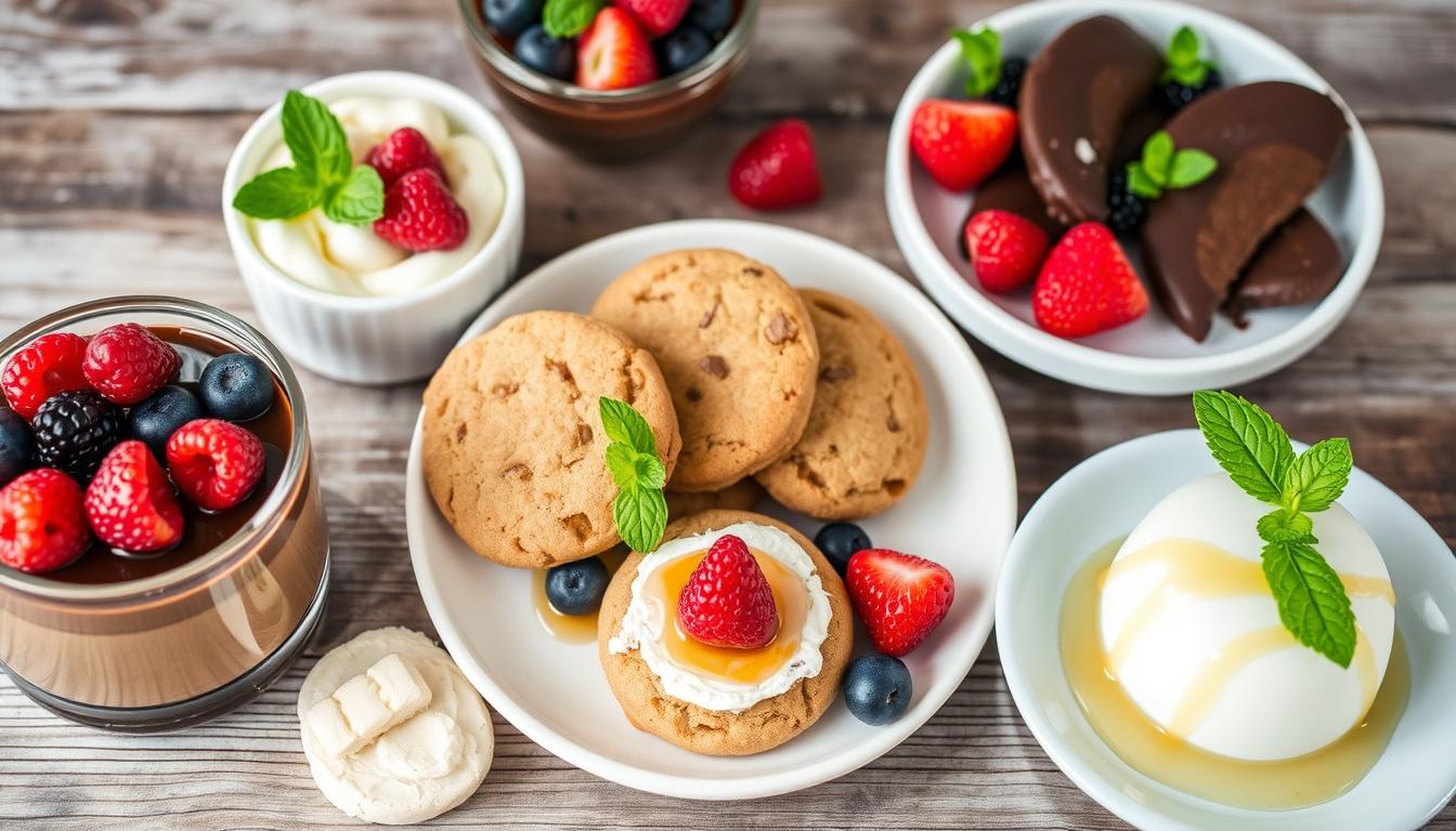 A variety of delicious sugar-free desserts made with natural sweeteners like honey and maple syrup, showcasing healthier alternatives for indulgent treats.