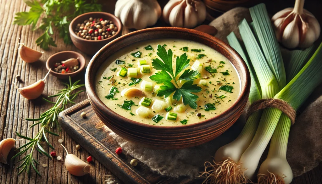 A warm Garlic and Leek Soup served in a rustic bowl, garnished with fresh herbs, placed on a wooden table in a cozy setting.