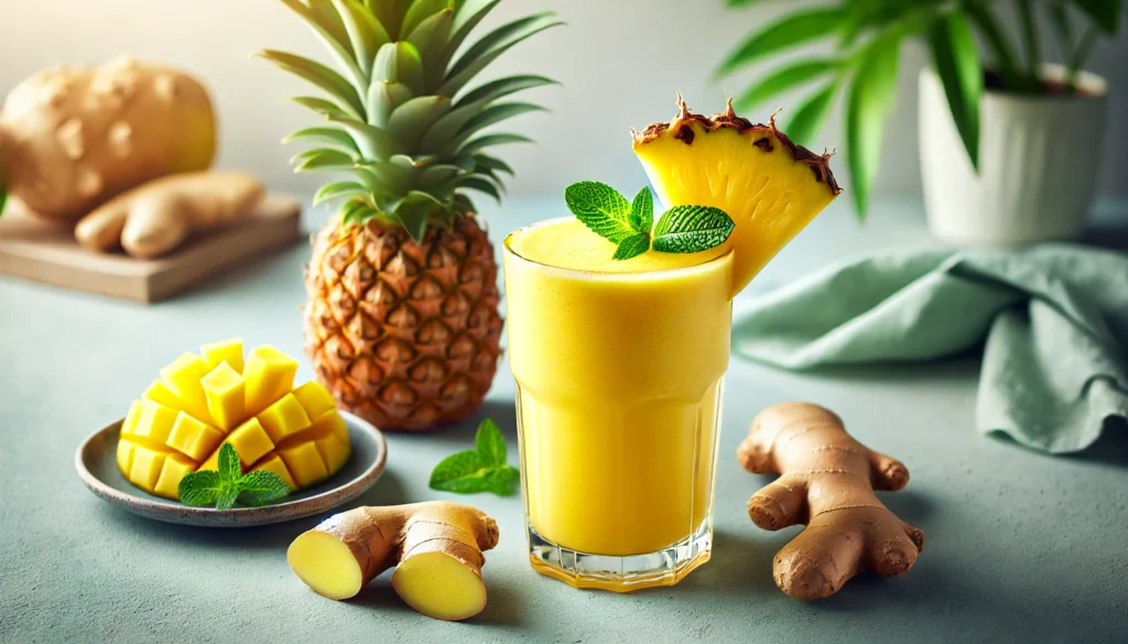 A vibrant Pineapple and Ginger Smoothie in a tall glass, garnished with a slice of pineapple and a sprig of mint, set against a bright and tropical backdrop with fresh pineapple and ginger roots.