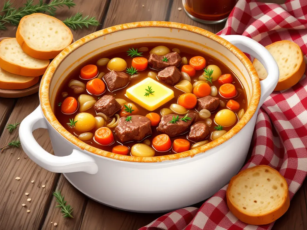 A hearty classic beef stew simmering in a white pot, filled with tender beef chunks, potatoes, carrots, and onions, garnished with fresh herbs and a pat of butter melting on top.