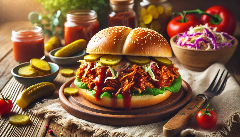 A vibrant dish of BBQ pulled jackfruit served on a bun with coleslaw and pickles, perfect for family gathering recipes