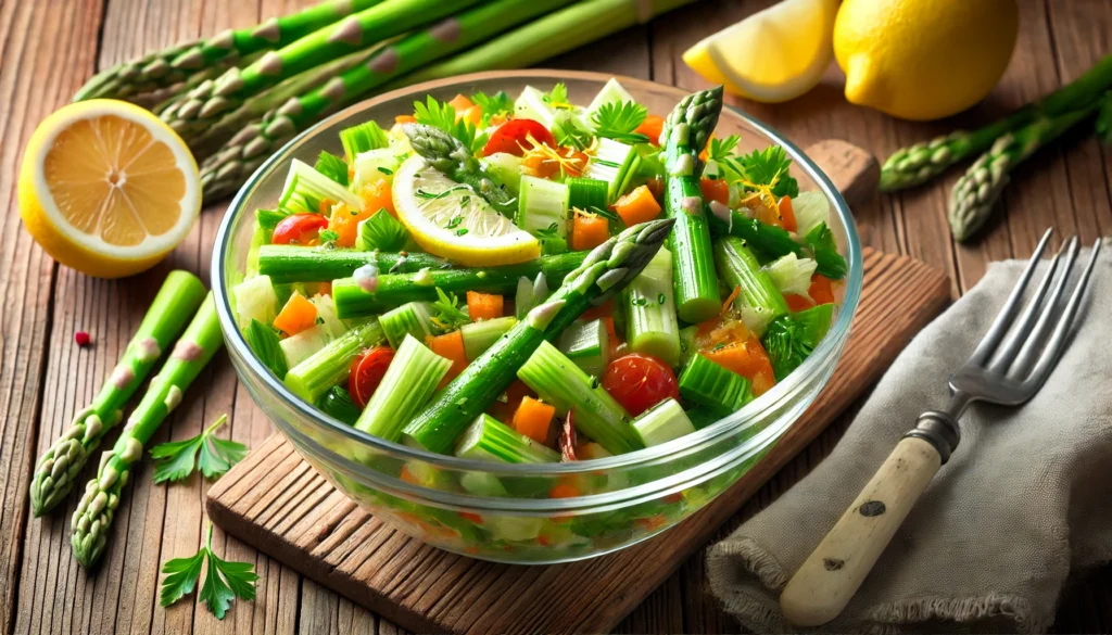 A colorful Asparagus and Celery Salad featuring freshly chopped asparagus and celery, garnished with lemon zest and cherry tomatoes, served in a clear bowl on a rustic wooden table.