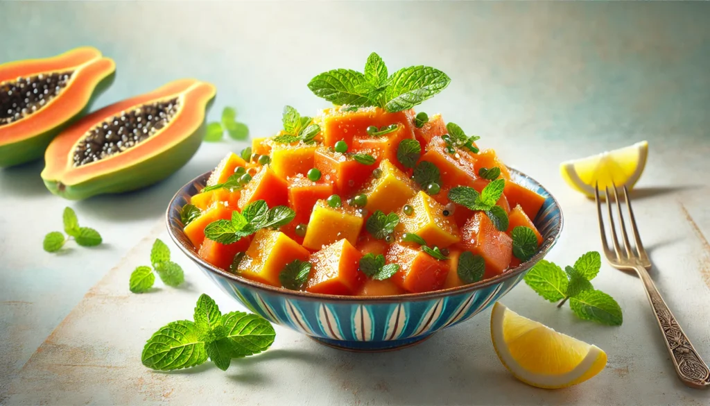 A vibrant Papaya and Mint Salad featuring fresh diced papaya mixed with mint leaves, garnished with lemon juice and sesame seeds, served in a colorful bowl with a bright backdrop.