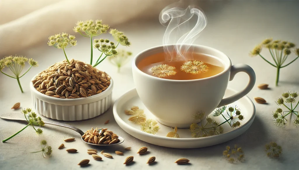 A calming cup of Fennel Tea with steam rising, accompanied by fennel seeds in a small dish beside it, set against a soft background that enhances the herbal nature of the drink.