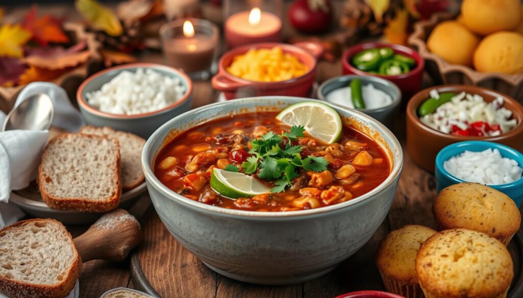 A warm bowl of hearty chili surrounded by toppings like sour cream, shredded cheese, jalapeños, onions, and cornbread muffins. The cozy fall scene includes autumn leaves and candles, evoking a comforting atmosphere perfect for a family gathering or holiday meal.