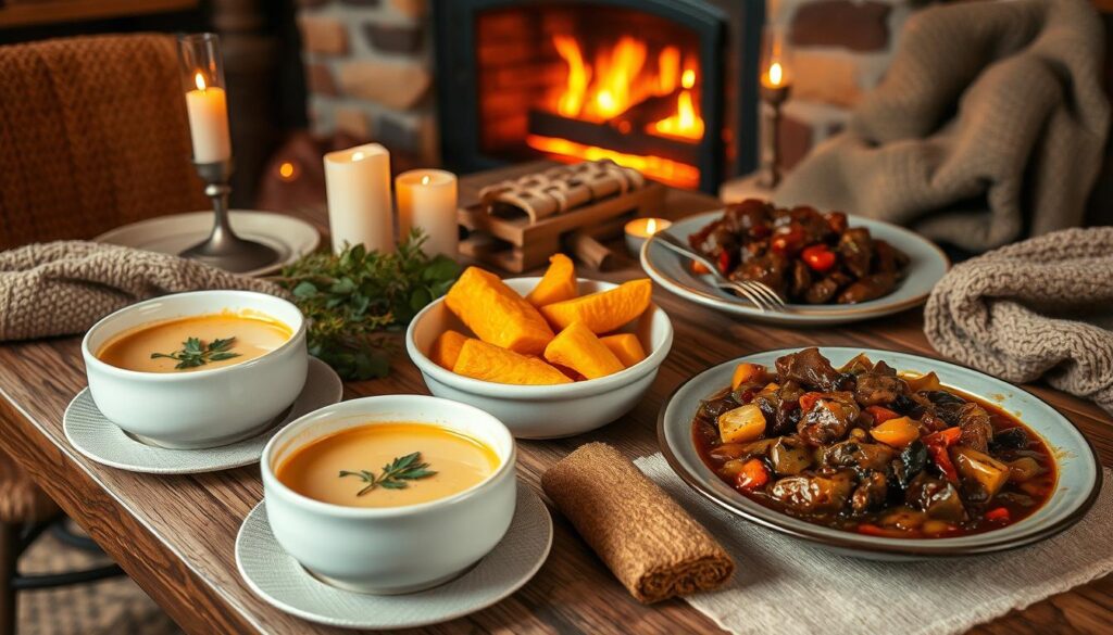 A cozy fall and winter scene featuring warming recipes like hearty soup, roasted vegetables, and fresh bread, perfect for chilly evenings.