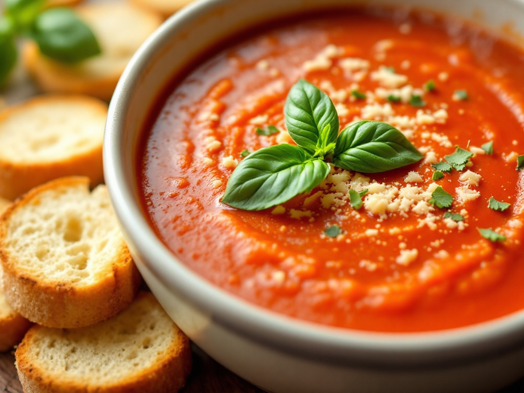 A bowl of creamy tomato basil soup garnished with fresh basil leaves and a swirl of cream, served in a rustic bowl.