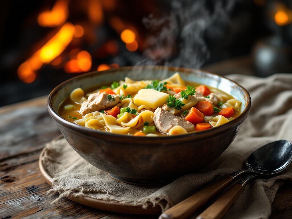  A steaming bowl of chicken noodle soup with tender chicken pieces, hearty vegetables, and comforting noodles, garnished with fresh herbs.