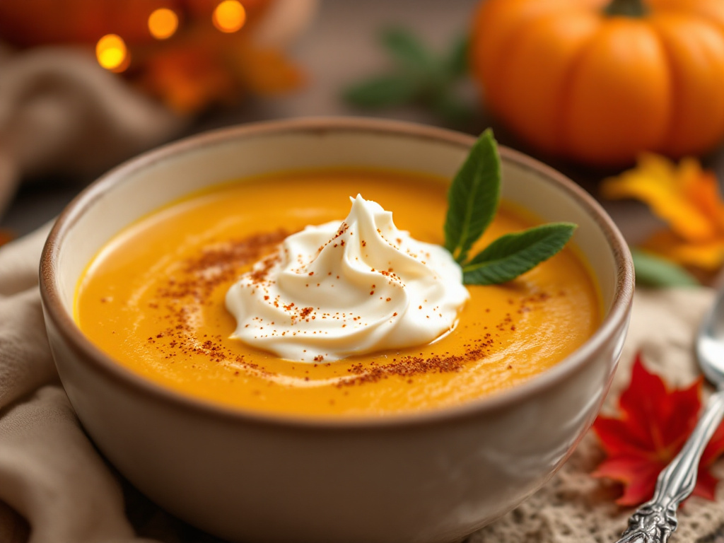 A bowl of creamy pumpkin soup garnished with a swirl of cream and a fresh herb leaf, set against a rustic background with autumnal elements.