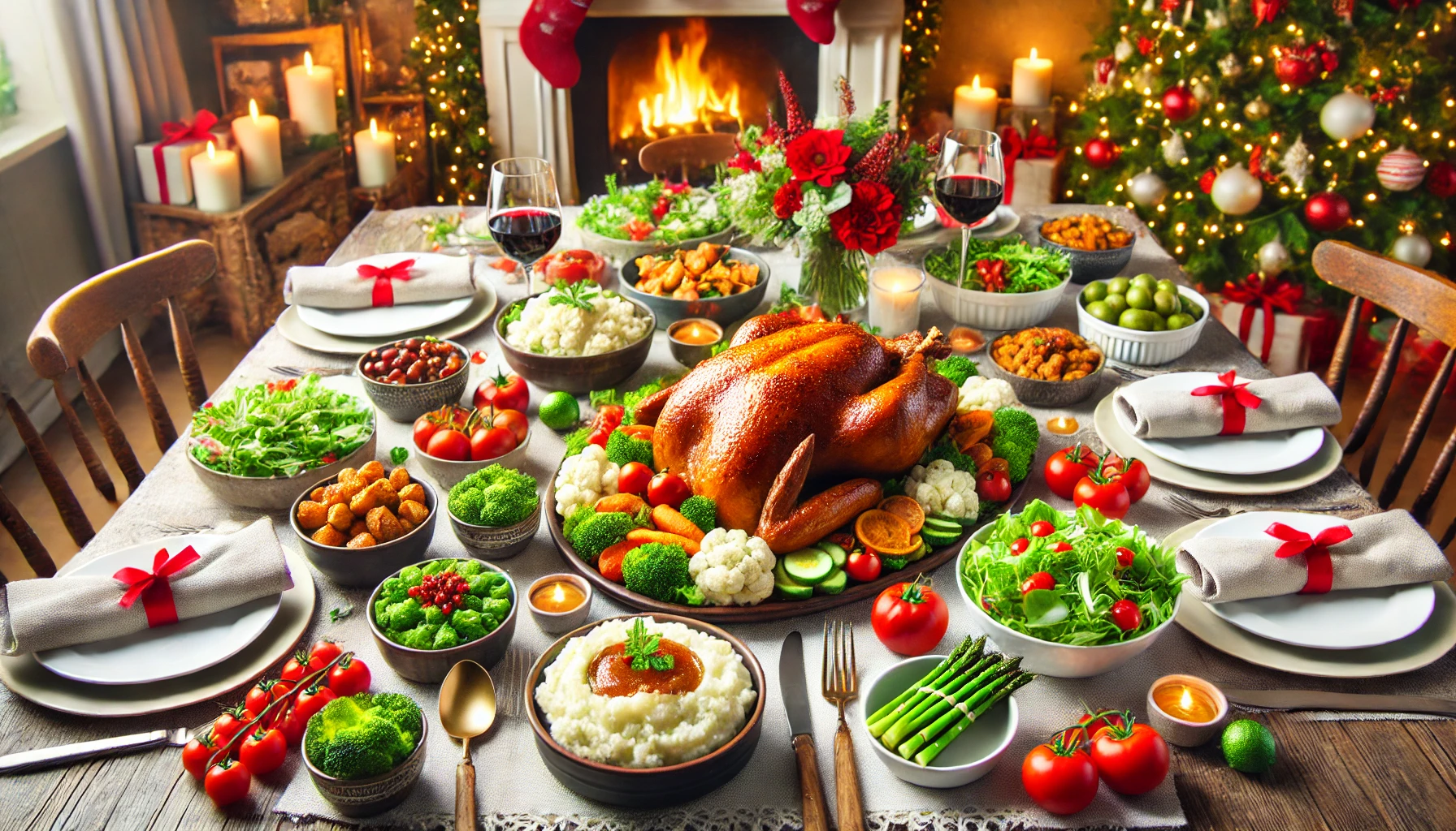 A festive Christmas dinner table featuring a variety of low-carb dishes, including roasted turkey, grilled asparagus, mashed cauliflower, and green salads, set in a cozy holiday setting with a fireplace and vibrant decorations.